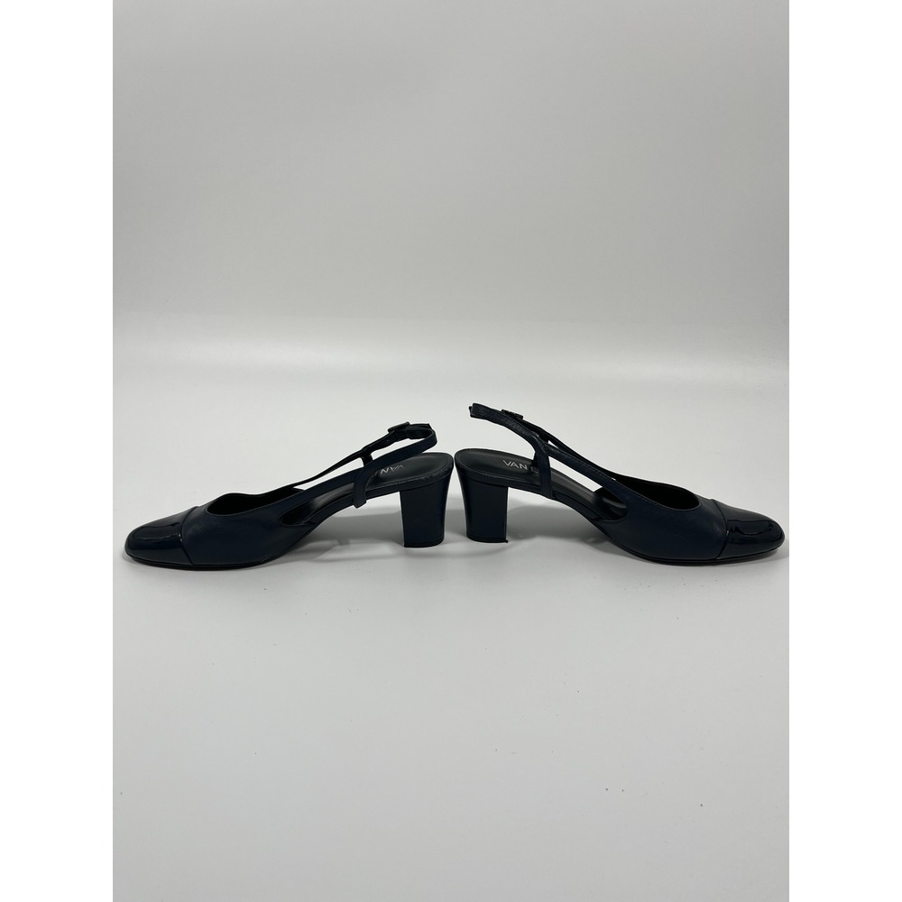 Women Faux Leather Slingback Heels 8.5 Blue Round Toe Chic Minimalist Capsule - Picture 6 of 10